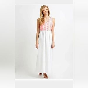 Vineyard Vines Pink Embroidered Bodice White cotton/Linen Maxi Dress